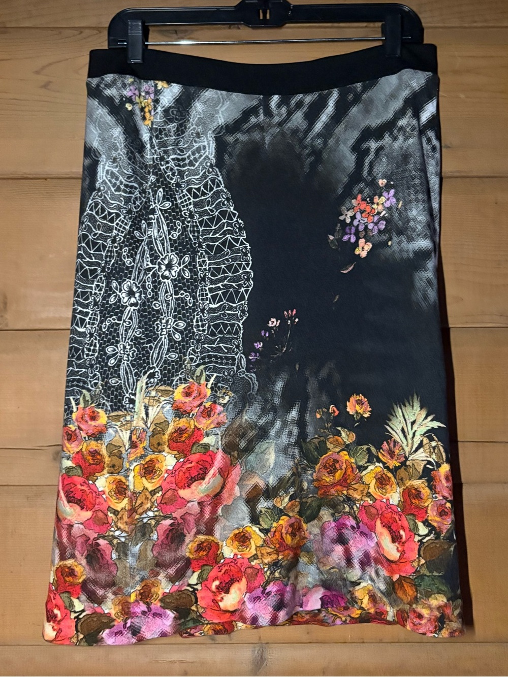 Black Floral Midi Skirt- Elisa Fanti- Size IT 44- Y2K Vintage Skirt